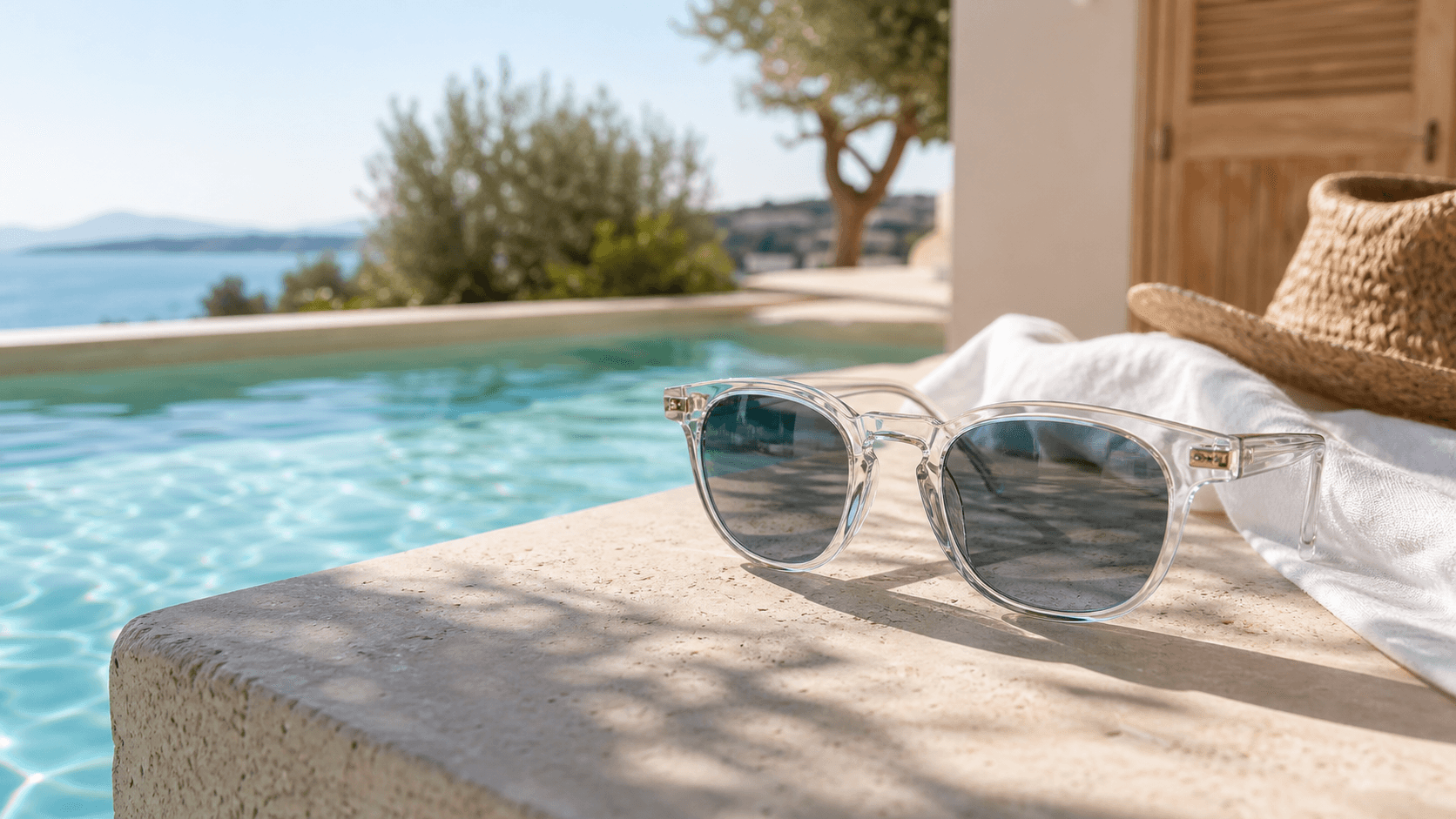 Lunettes Clara Costa au bord d’une piscine méditerranéenne